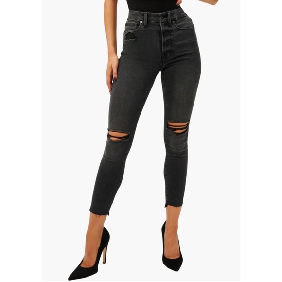 Good American Good Legs cropped distressed black skinny jeans - Picture 1 of 7